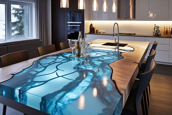 blue epoxy countertops in modern house